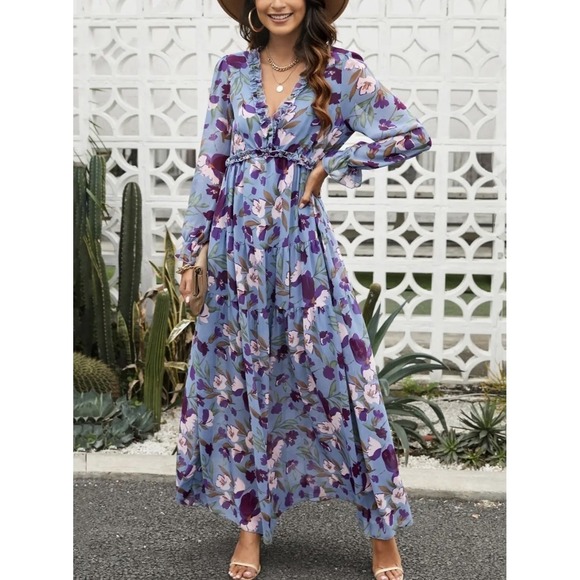 The Unbranded Brand Dresses & Skirts - Women's Blue Purple Vivid Floral Print Maxi Dress Ruffle V-Neck Large Bloomcore